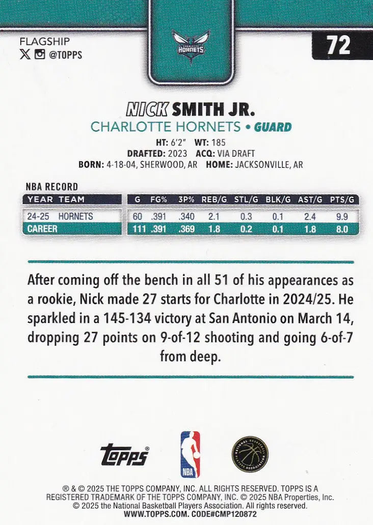 2025 TOPPS #72 NICK SMITH JR DIAMONTE- CHARLOTTE HORNETS