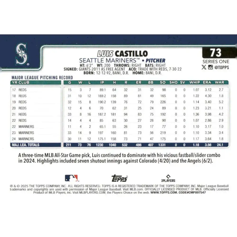 2025 Topps #73 Luis Castillo NM-MT Seattle Mariners Baseball Card - Baseball Card Single