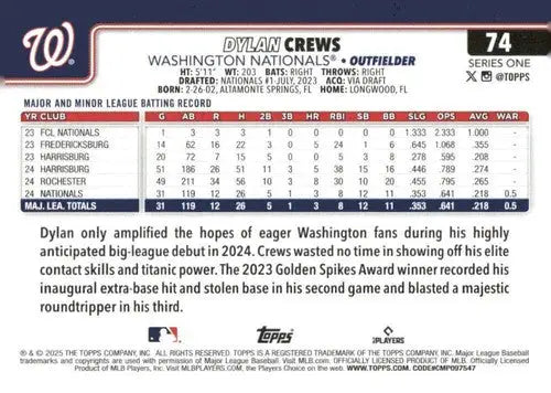 2025 Topps #74 Dylan Crews NM-MT RC Rookie Nationals ID:76932 - Baseball Card Single