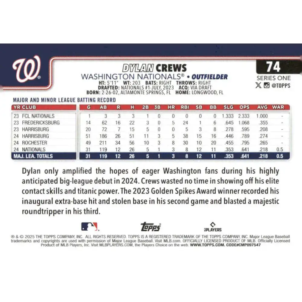 2025 Topps #74 Dylan Crews NM-MT RC Rookie Washington Nationals Baseball Card - Baseball Card Single
