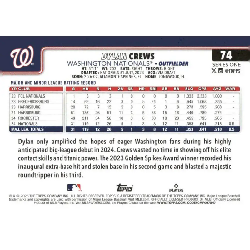 2025 Topps #74 Dylan Crews NM-MT RC Rookie Washington Nationals Baseball Card - Baseball Card Single