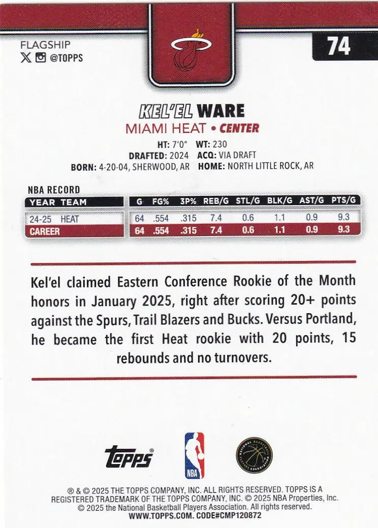2025 TOPPS #74 KELEL WARE REFRACTOR- MIAMI HEAT