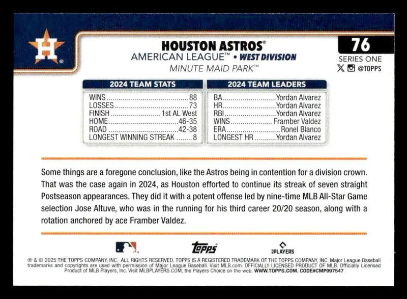 2025 Topps #76 Houston Astros - Baseball Card Single
