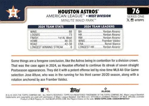 2024 Topps Houston Astros baseball card Series One number 76 with original gloss NM-MT
