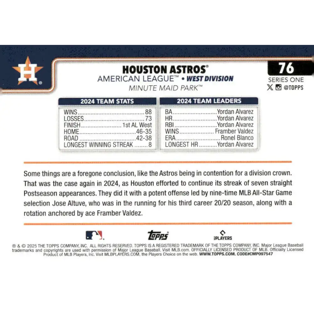 2025 Topps #76 Houston Astros NM-MT Houston Astros Baseball Card - Baseball Card Single