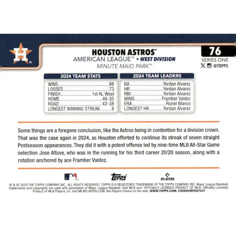 2025 Topps #76 Houston Astros NM-MT Houston Astros Baseball Card - Baseball Card Single