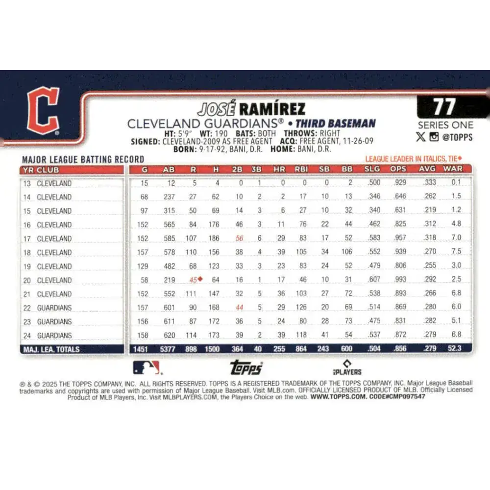 2025 Topps #77 Jose Ramirez NM-MT Cleveland Guardians Baseball Card - Baseball Card Single