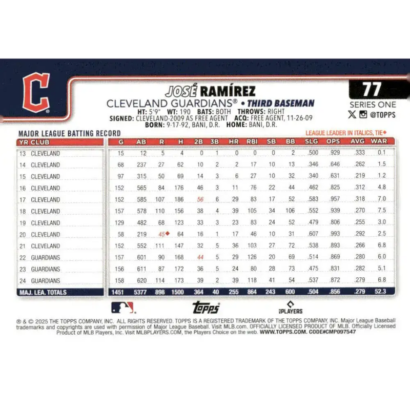 2025 Topps #77 Jose Ramirez NM-MT Cleveland Guardians Baseball Card - Baseball Card Single