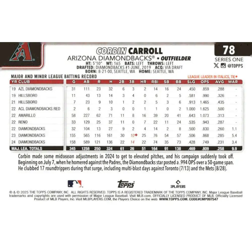 2025 Topps #78 Corbin Carroll NM-MT Arizona Diamondbacks Baseball Card - Baseball Card Single