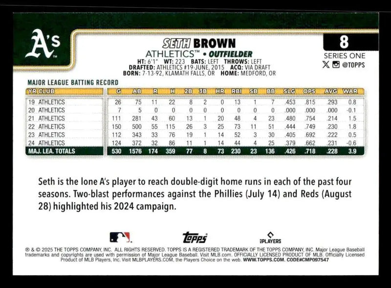 2025 Topps #8 Seth Brown - Baseball Card Single