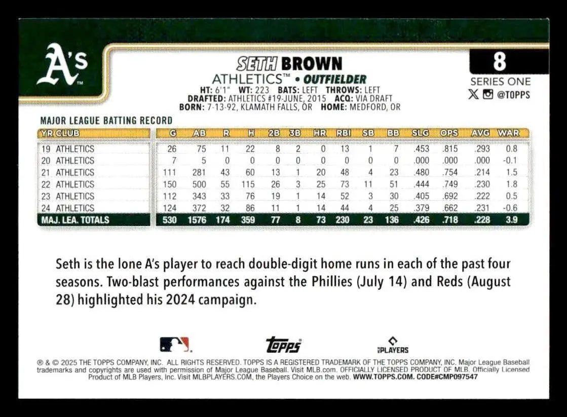 2025 Topps #8 Seth Brown - Baseball Card Single