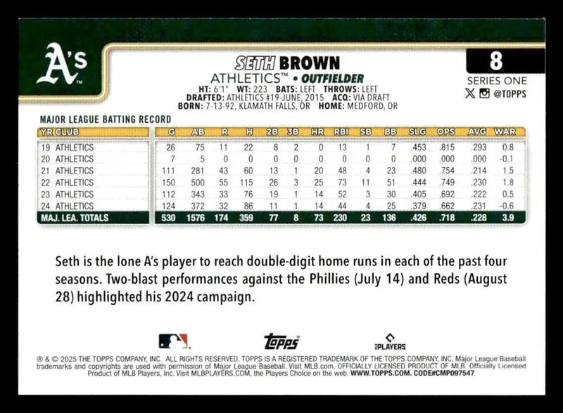 2025 Topps #8 Seth Brown - Baseball Card Single