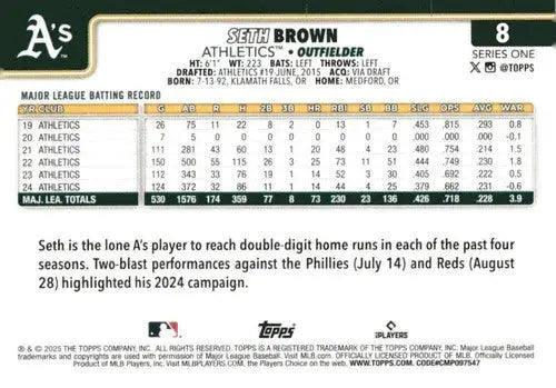 2025 Topps #8 Seth Brown NM-MT Athletics ID:76901 - Baseball Card Single