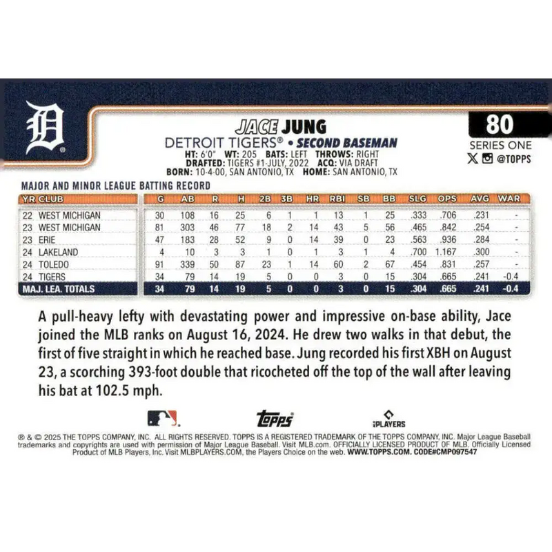 2025 Topps #80 Jace Jung NM-MT RC Rookie Detroit Tigers Baseball Card - Baseball Card Single