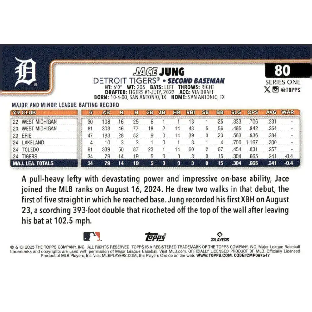 2025 Topps #80 Jace Jung NM-MT RC Rookie Detroit Tigers Baseball Card - Baseball Card Single