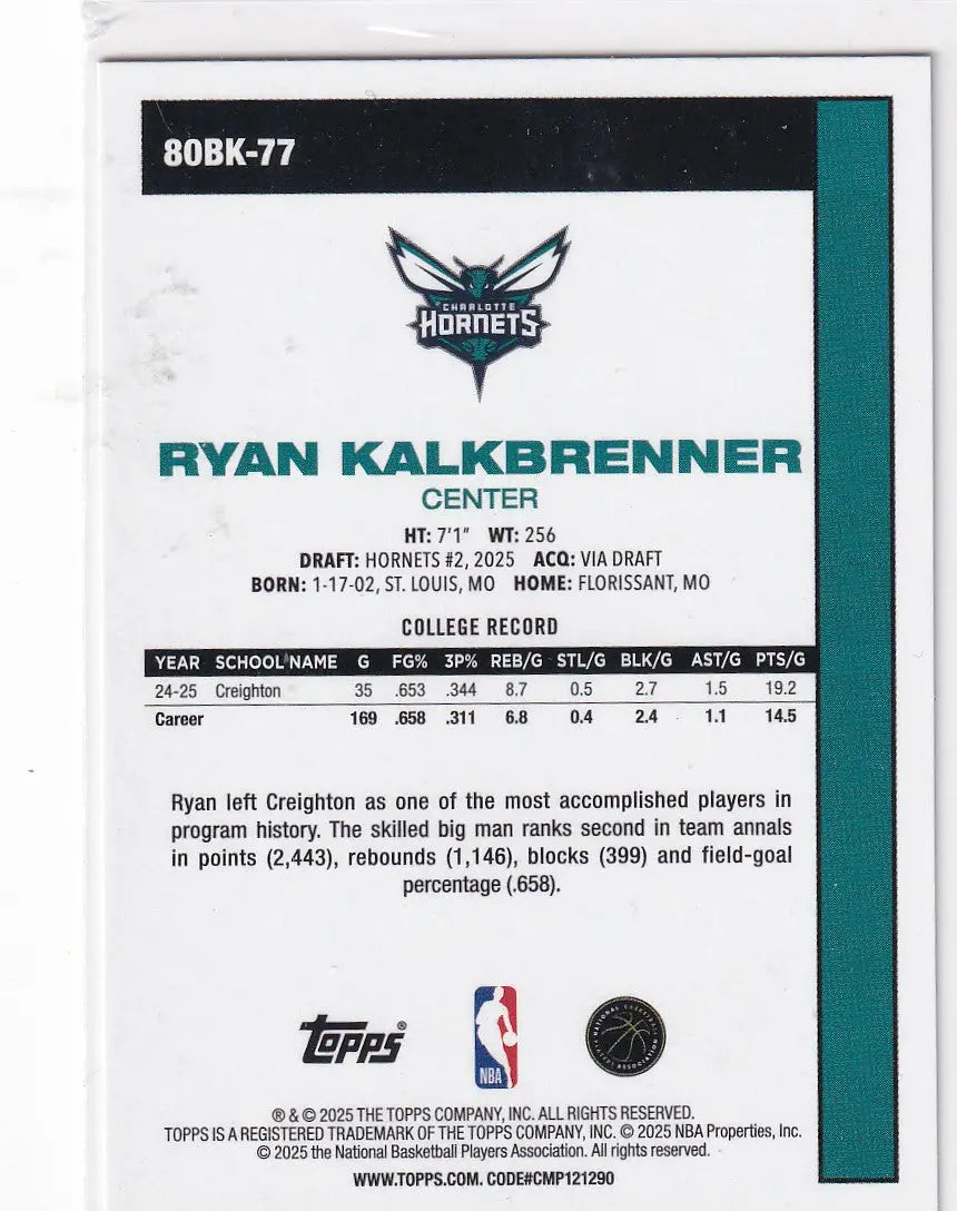 2025 TOPPS #80BK-77 RYAN KALKBRENNER THROW BACK- CHARLOTTE HORNETS - Basketball Card Single