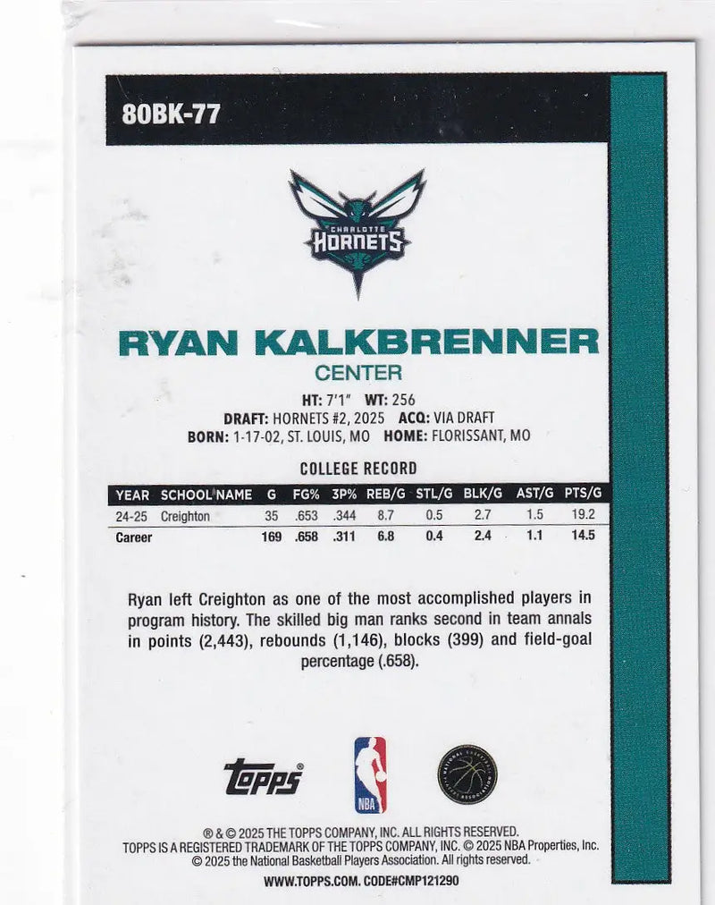 2025 TOPPS #80BK-77 RYAN KALKBRENNER THROW BACK- CHARLOTTE HORNETS - Basketball Card Single