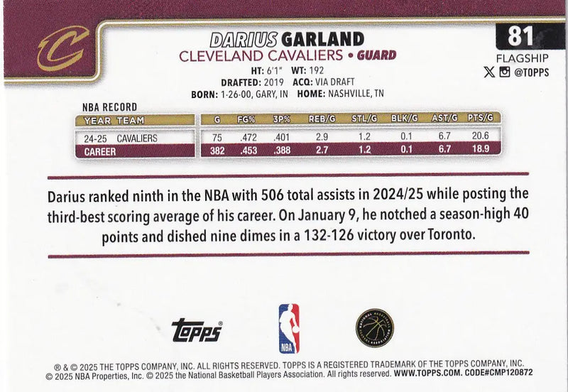 2025 TOPPS #81 DARIUS GARLAND DIAMONTE- CLEVELAND CAVALIERS