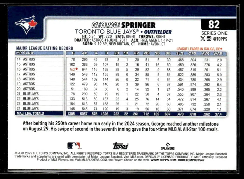2025 Topps #82 George Springer Diamante Foil - Baseball Card Single