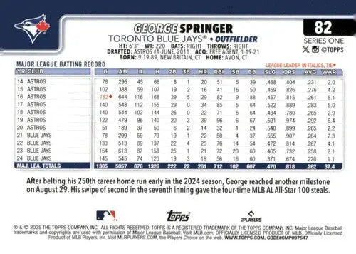 2025 Topps #82 George Springer NM-MT Blue Jays ID:78917 - Baseball Card Single