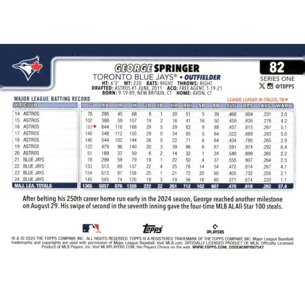 2025 Topps #82 George Springer NM-MT Toronto Blue Jays Baseball Card - Baseball Card Single