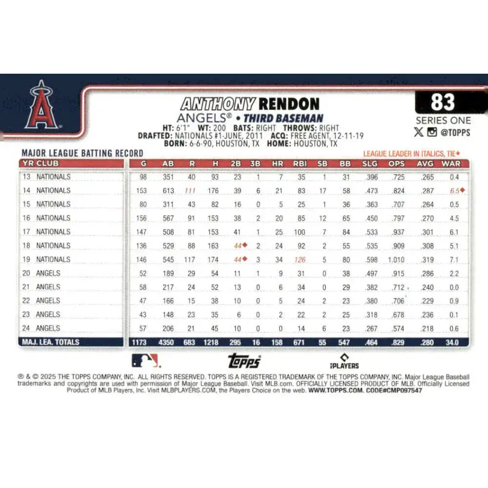 2025 Topps #83 Anthony Rendon NM-MT Los Angeles Angels Baseball Card - Baseball Card Single