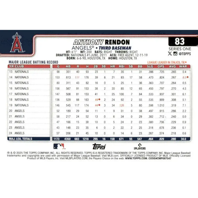 2025 Topps #83 Anthony Rendon NM-MT Los Angeles Angels Baseball Card - Baseball Card Single