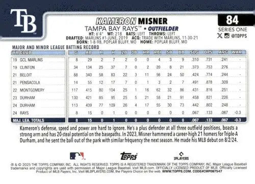 Original gloss baseball trading card featuring Kameron Misner rookie Rays statistics