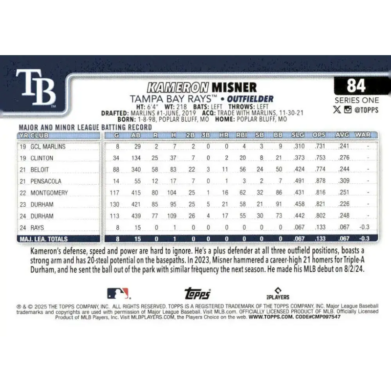 2025 Topps #84 Kameron Misner NM-MT RC Rookie Tampa Bay Rays Baseball Card - Baseball Card Single