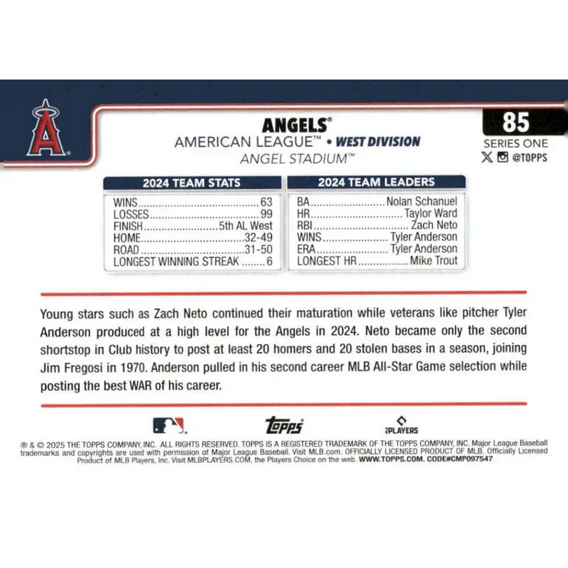 2025 Topps #85 Angels NM-MT Los Angeles Angels Baseball Card - Baseball Card Single