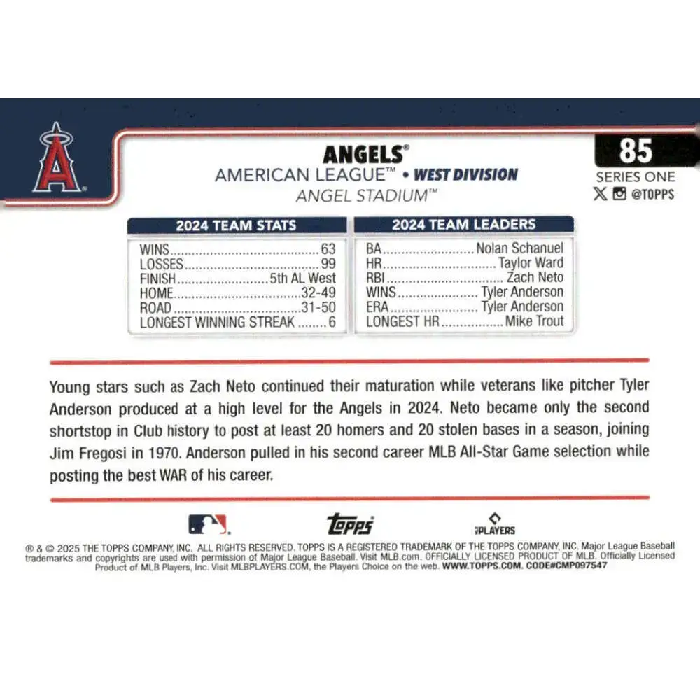 2025 Topps #85 Angels NM-MT Los Angeles Angels Baseball Card - Baseball Card Single