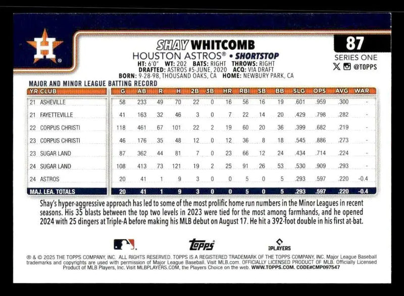 2025 Topps #87 Shay Whitcomb - Baseball Card Single
