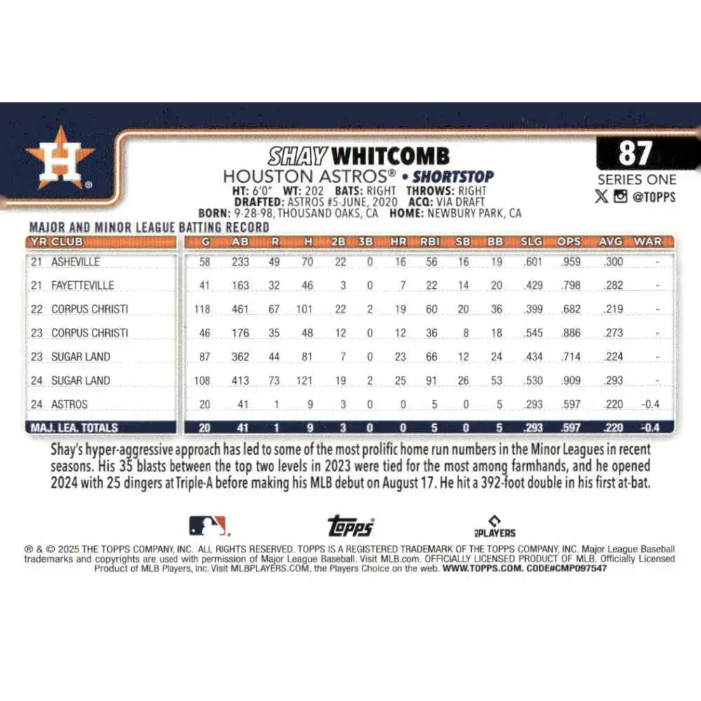 2025 Topps #87 Shay Whitcomb NM-MT RC Rookie Houston Astros Baseball Card - Baseball Card Single