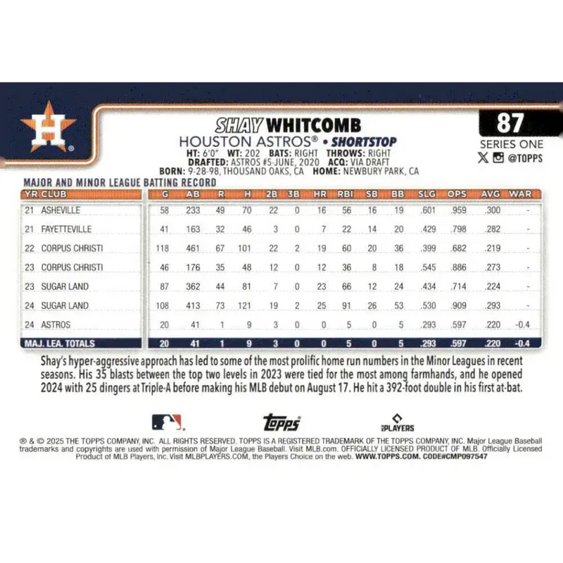 2025 Topps #87 Shay Whitcomb NM-MT RC Rookie Houston Astros Baseball Card - Baseball Card Single