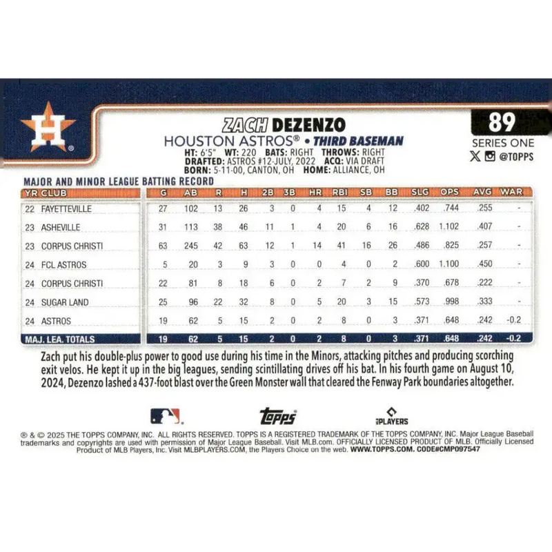 2025 Topps #89 Zach Dezenzo NM-MT RC Rookie Houston Astros Baseball Card - Baseball Card Single