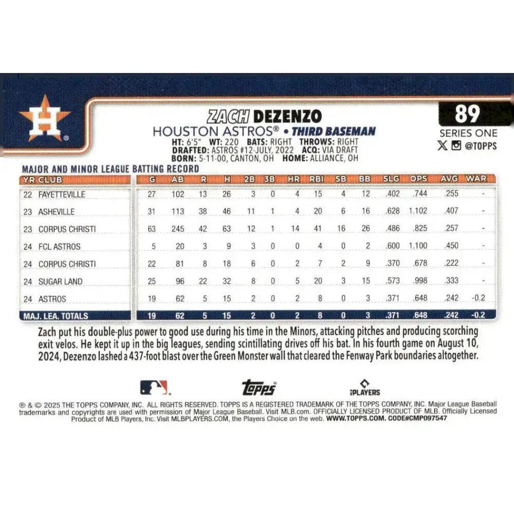 2025 Topps #89 Zach Dezenzo NM-MT RC Rookie Houston Astros Baseball Card - Baseball Card Single