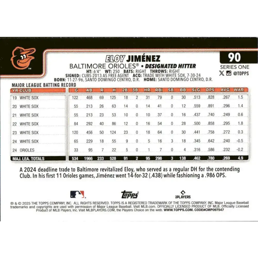 2025 Topps #90 Eloy Jimenez NM-MT Baltimore Orioles Baseball Card