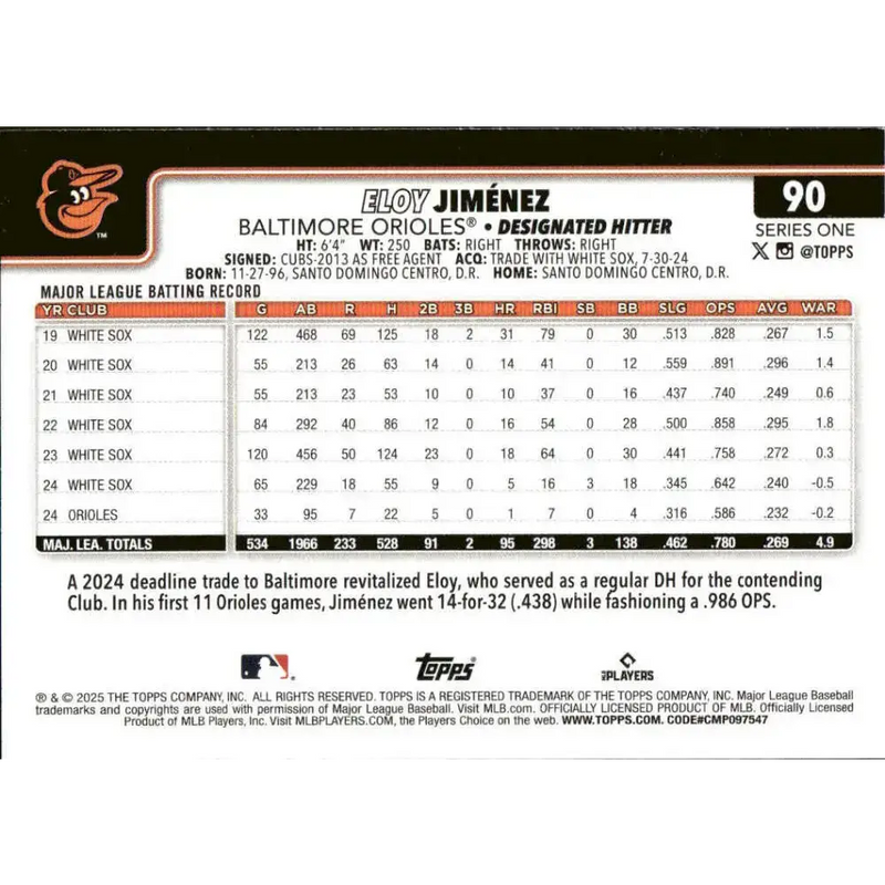 2025 Topps #90 Eloy Jimenez NM-MT Baltimore Orioles Baseball Card