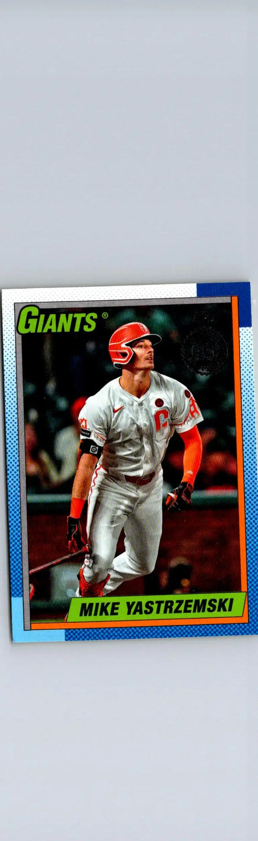 Baseball card of Mike Yastrzemski celebrating Topps Baseball 35th Anniversary event