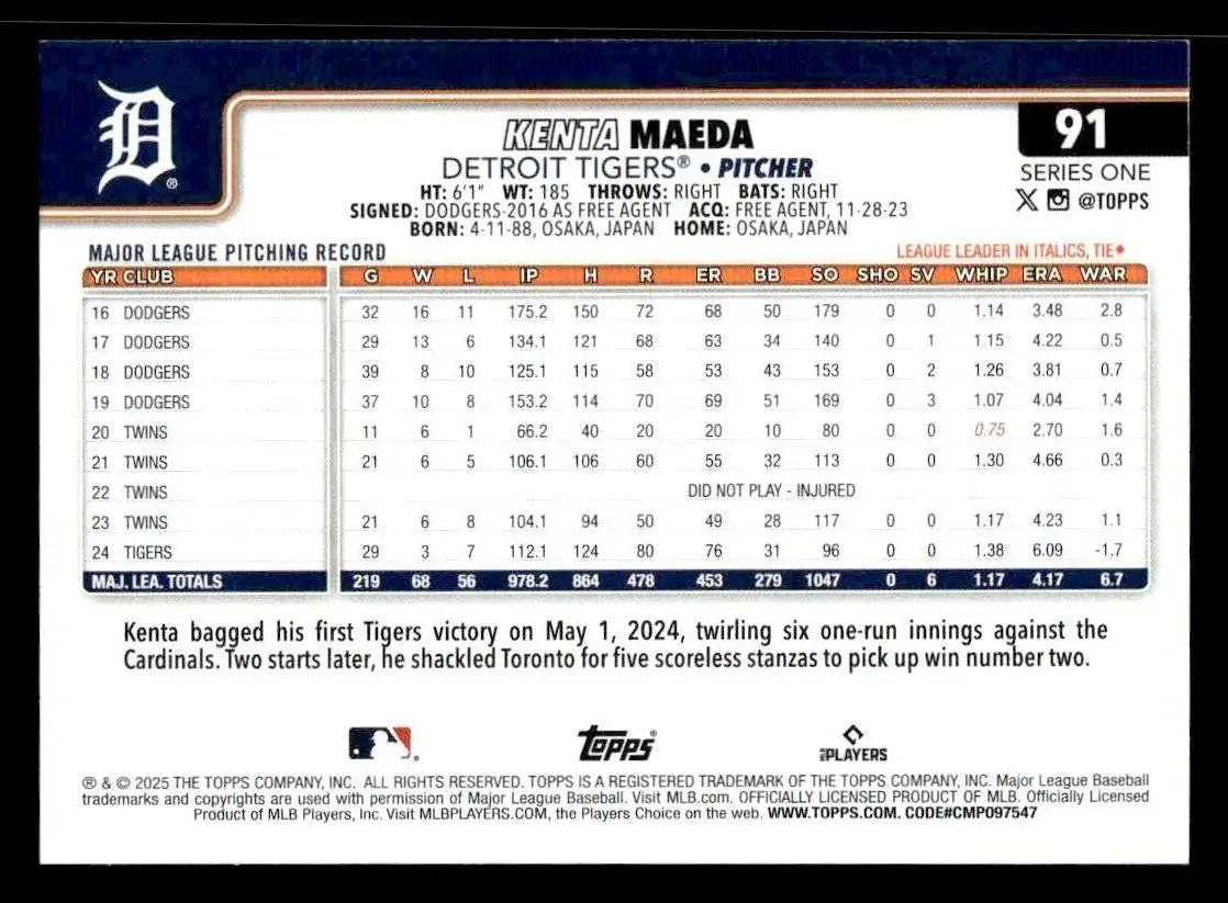 2025 Topps #91 Kenta Maeda - Baseball Card Single