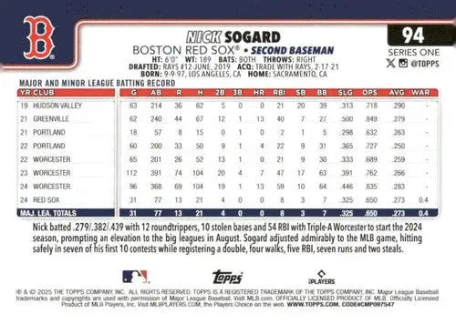 2025 Topps #94 Nick Sogard NM-MT RC Rookie Red Sox ID:76939 - Baseball Card Single