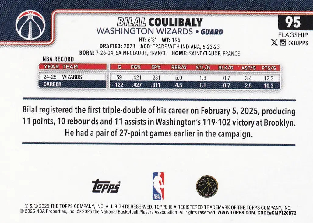 2025 TOPPS #95 BILAL COULIBALY DIAMONTE- WASHINGTON WIZARDS