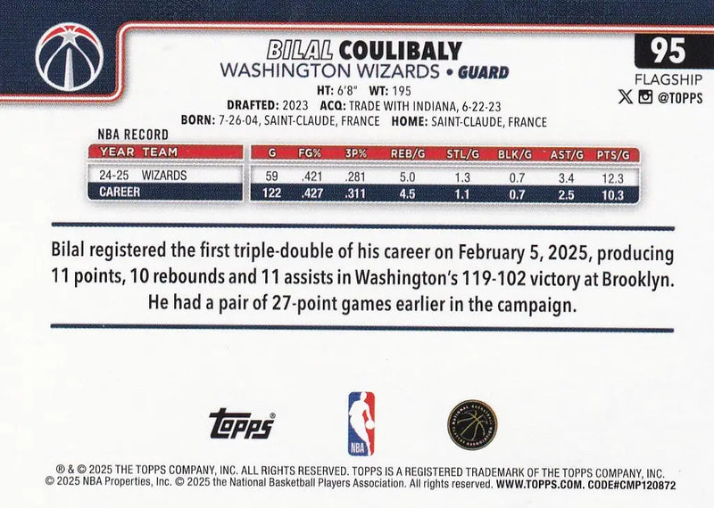 2025 TOPPS #95 BILAL COULIBALY DIAMONTE- WASHINGTON WIZARDS