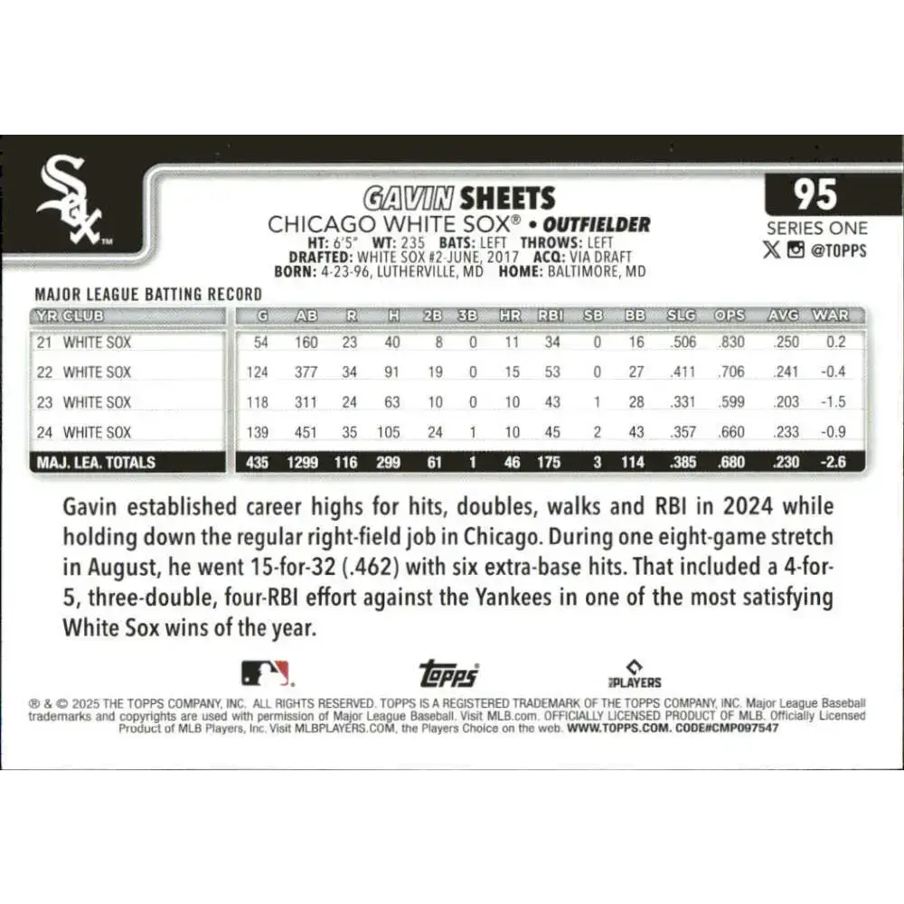2025 Topps #95 Gavin Sheets NM-MT Chicago White Sox Baseball Card - Baseball Card Single