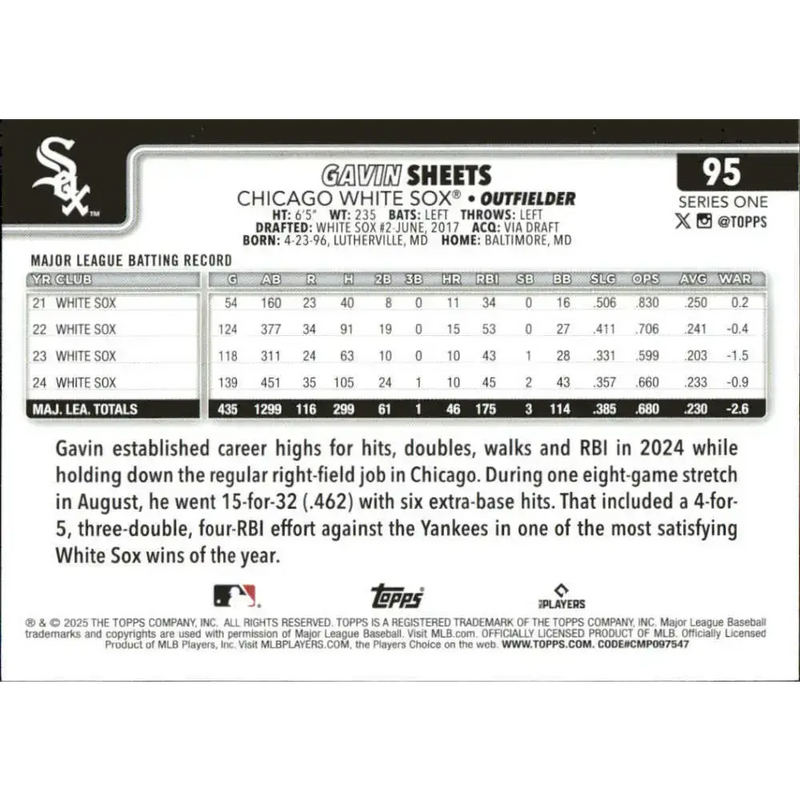 2025 Topps #95 Gavin Sheets NM-MT Chicago White Sox Baseball Card - Baseball Card Single