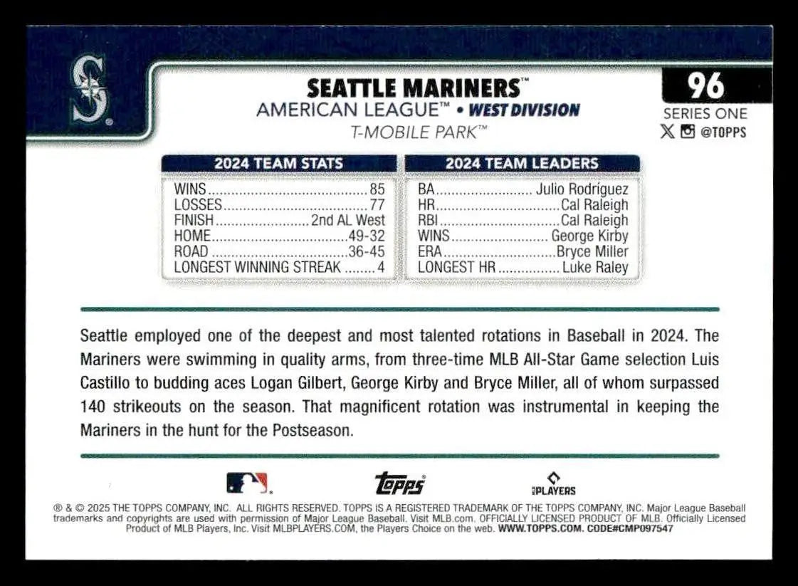 2025 Topps #96 Seattle Mariners - Baseball Card Single
