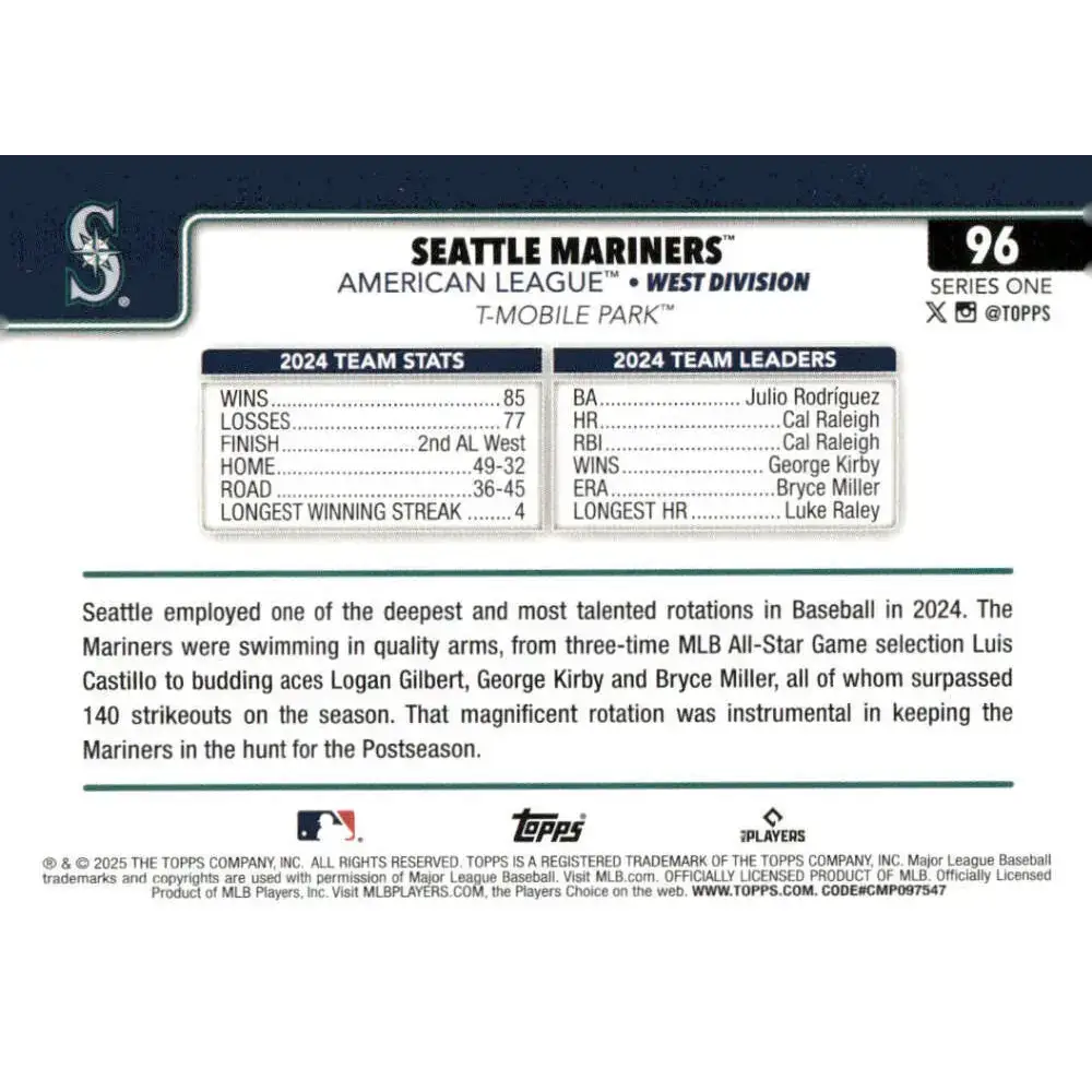 2025 Topps #96 Seattle Mariners NM-MT Seattle Mariners Baseball Card - Baseball Card Single