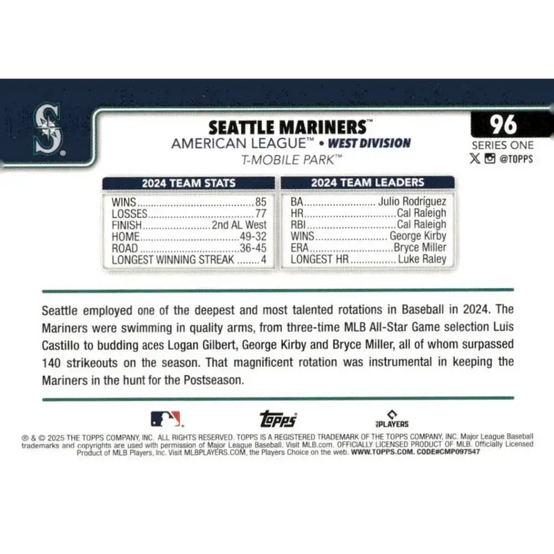 2025 Topps #96 Seattle Mariners NM-MT Seattle Mariners Baseball Card - Baseball Card Single