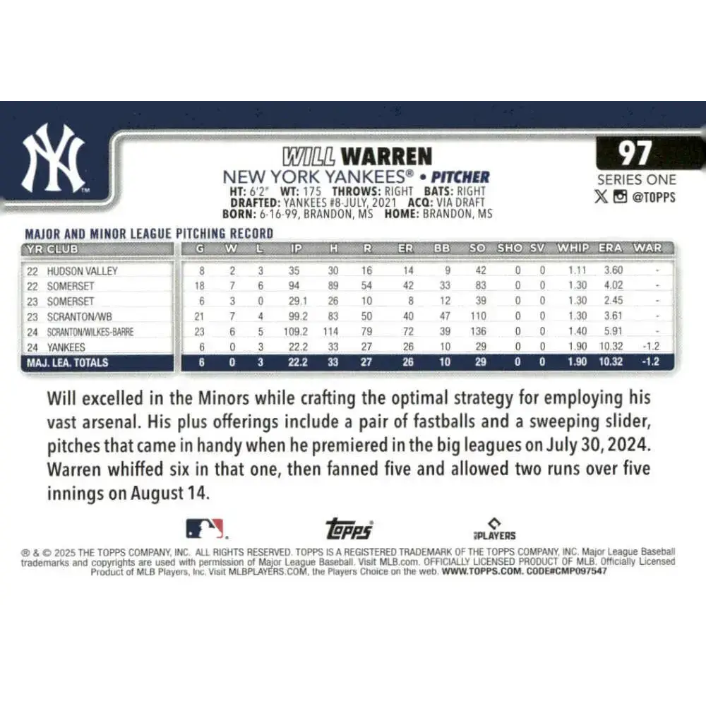 2025 Topps #97 Will Warren NM-MT RC Rookie New York Yankees Baseball Card - Baseball Card Single