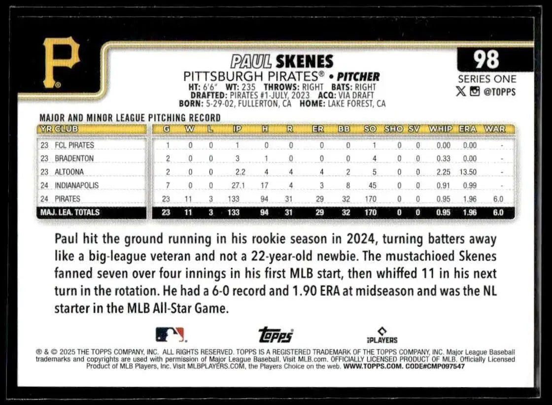 2025 Topps #98 Paul Skenes - Baseball Card Single